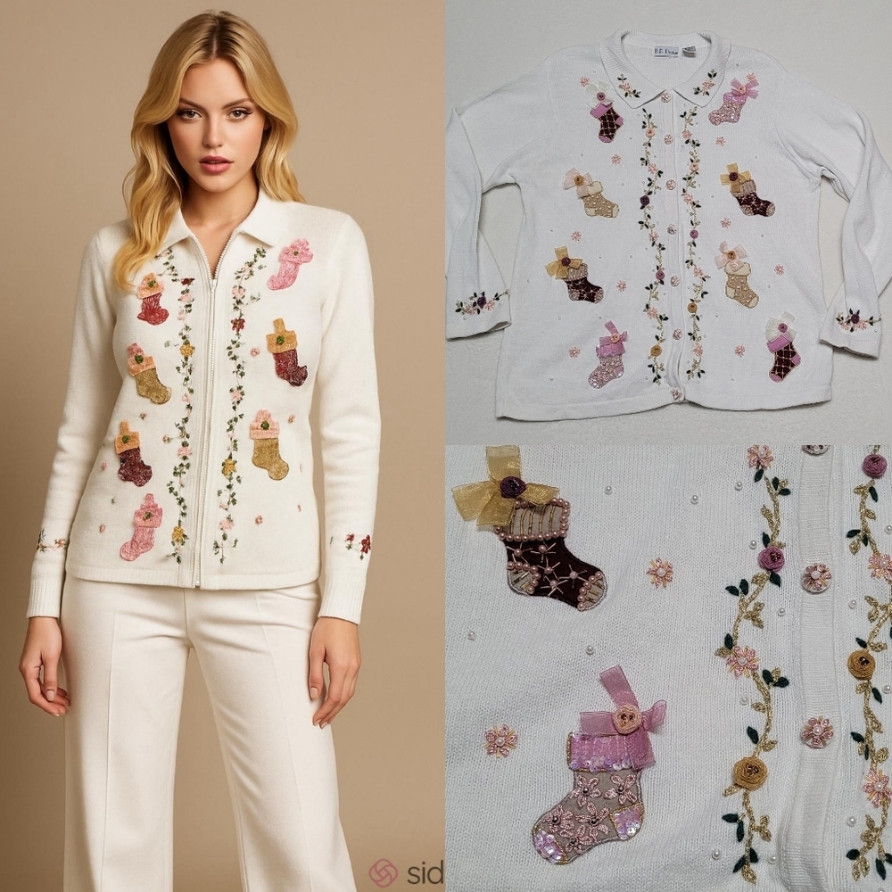 90s Vintage B.P Design Pastel Beaded Stocking Embroidered Ugly Christmas Sweater